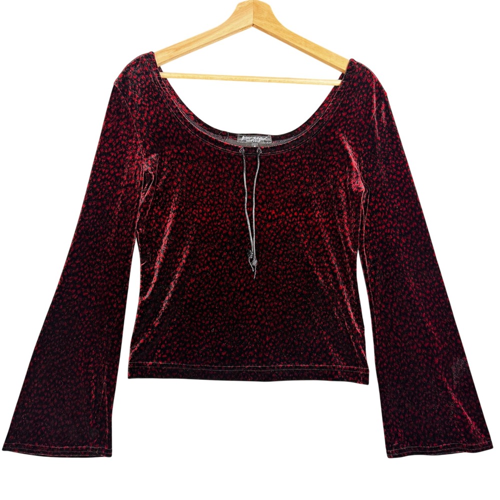 Betsey Johnson Y2K Velvet Burnout Bell Sleeve Tie Neck Top Red Black Sz 4 grunge